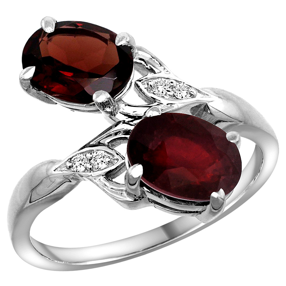 10K White Gold Diamond Natural Garnet & Quality Ruby 2-stone Mothers Ring Oval 8x6mm, size 5 - 10