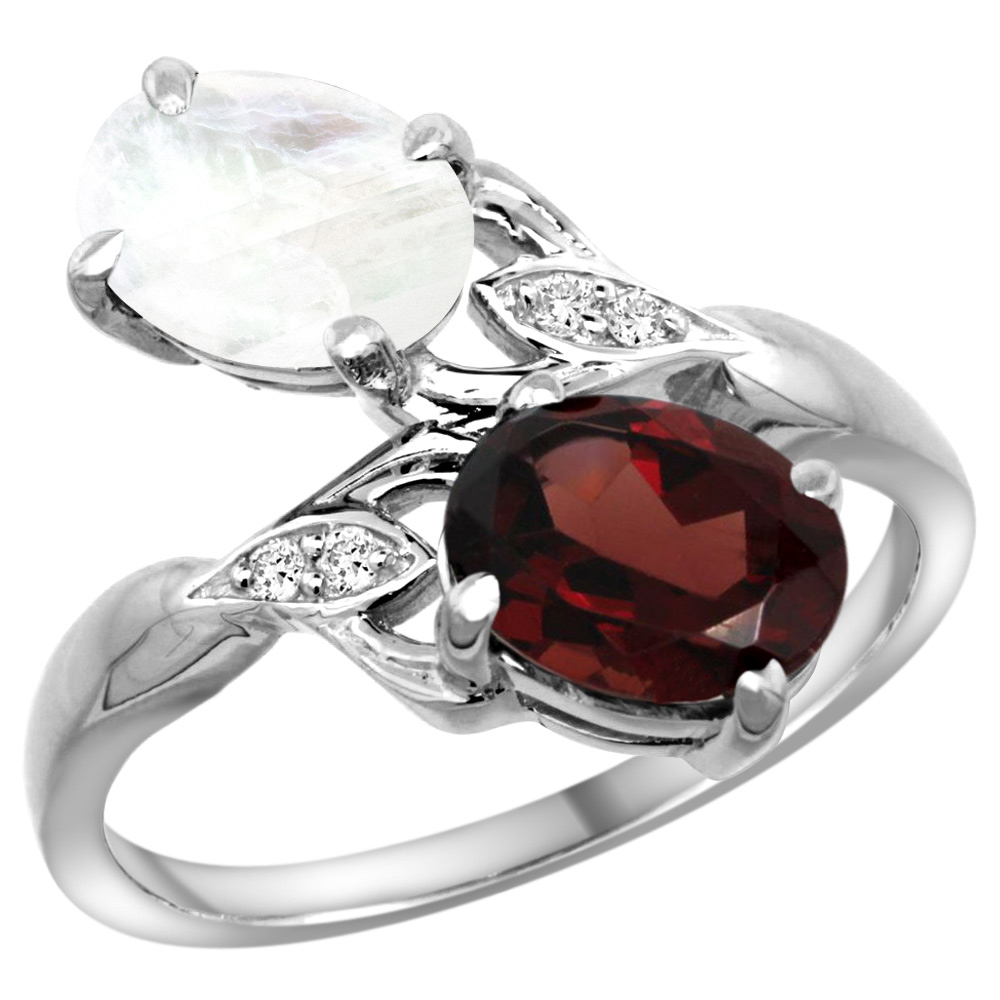 10K WHITE GOLD DIAMOND NATURAL GARNET & RAINBOW MOONSTONE 2-STONE RING OVAL 8X6MM, SIZES 5 - 10