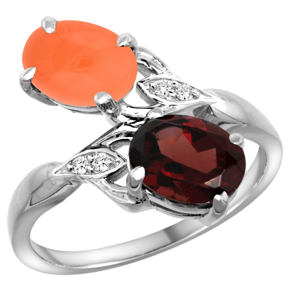 14k White Gold Diamond Natural Garnet &amp; Orange Moonstone 2-stone Ring Oval 8x6mm, sizes 5 - 10