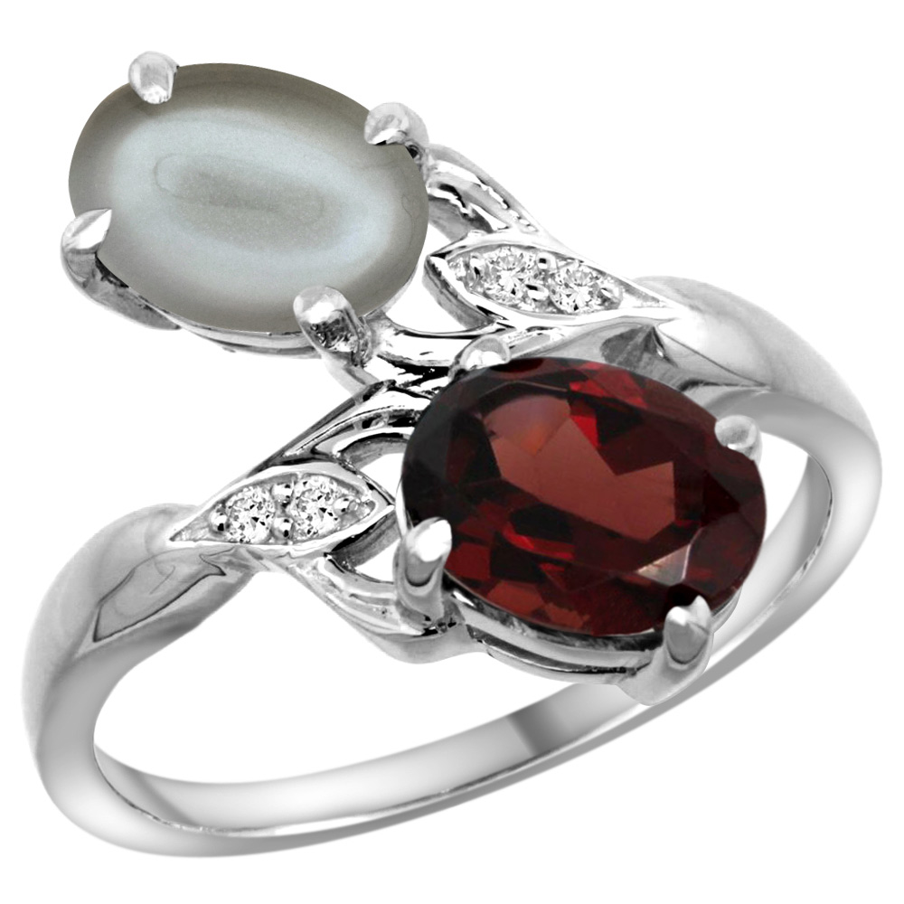 10K White Gold Diamond Natural Garnet &amp; Gray Moonstone 2-stone Ring Oval 8x6mm, sizes 5 - 10