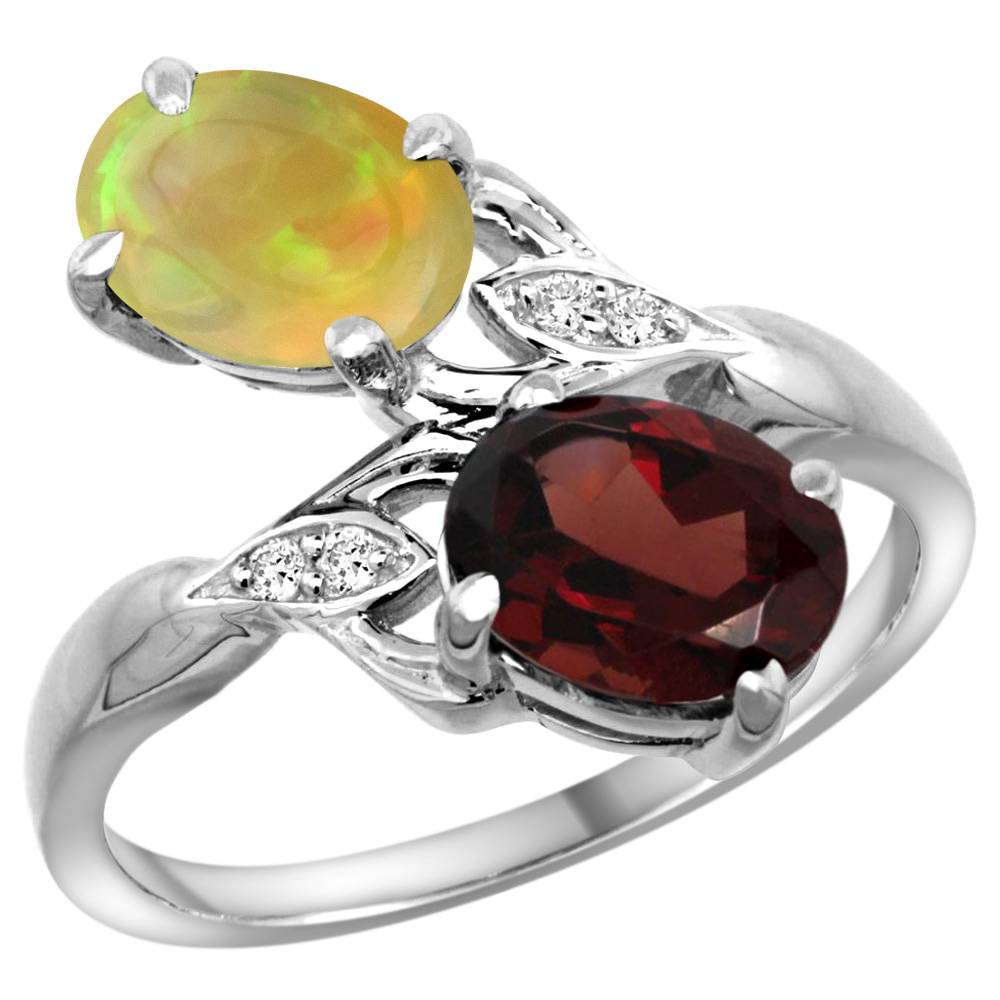 14k White Gold Diamond Natural Garnet &amp; Ethiopian Opal 2-stone Mothers Ring Oval 8x6mm, size 5 - 10