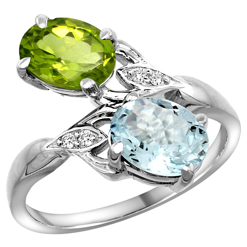 10K WHITE GOLD DIAMOND NATURAL PERIDOT & AQUAMARINE 2-STONE RING OVAL 8X6MM, SIZES 5 - 10