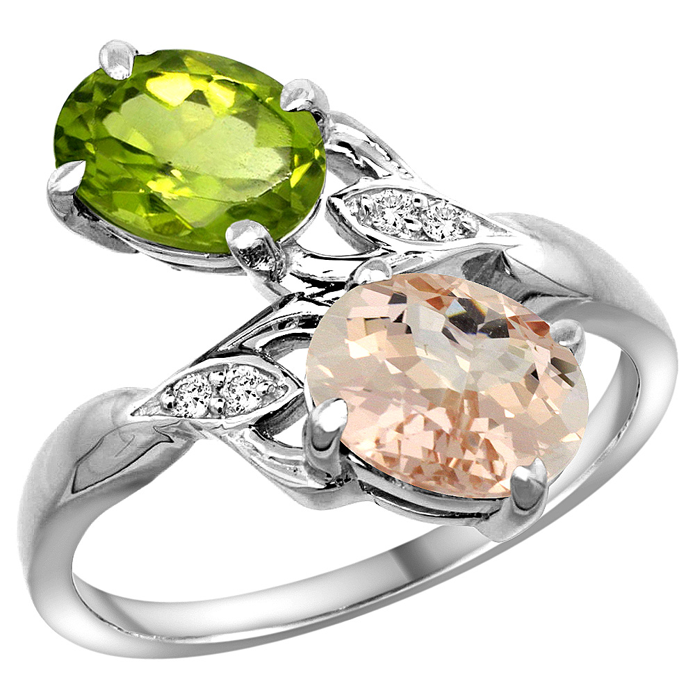 10K White Gold Diamond Natural Peridot &amp; Morganite 2-stone Ring Oval 8x6mm, sizes 5 - 10