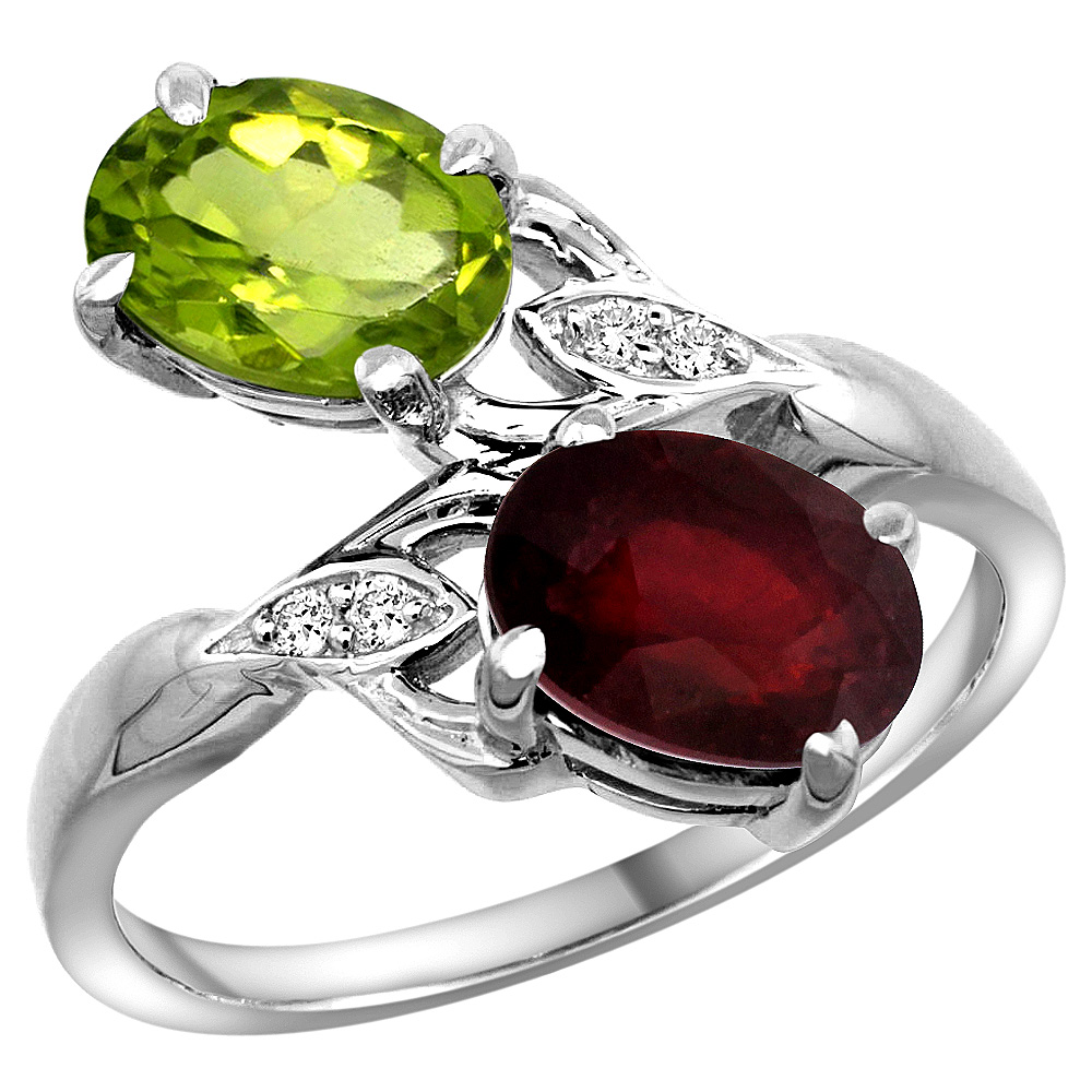 14k White Gold Diamond Natural Peridot &amp; Enhanced Genuine Ruby 2-stone Ring Oval 8x6mm, sizes 5 - 10