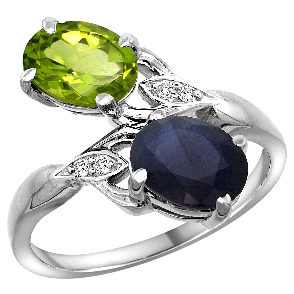 10K White Gold Diamond Natural Peridot &amp; Blue Sapphire 2-stone Ring Oval 8x6mm, sizes 5 - 10