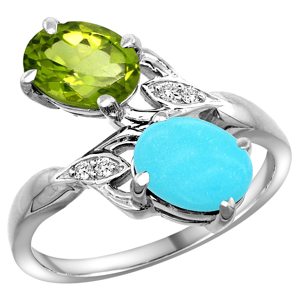 10K White Gold Diamond Natural Peridot &amp; Turquoise 2-stone Ring Oval 8x6mm, sizes 5 - 10