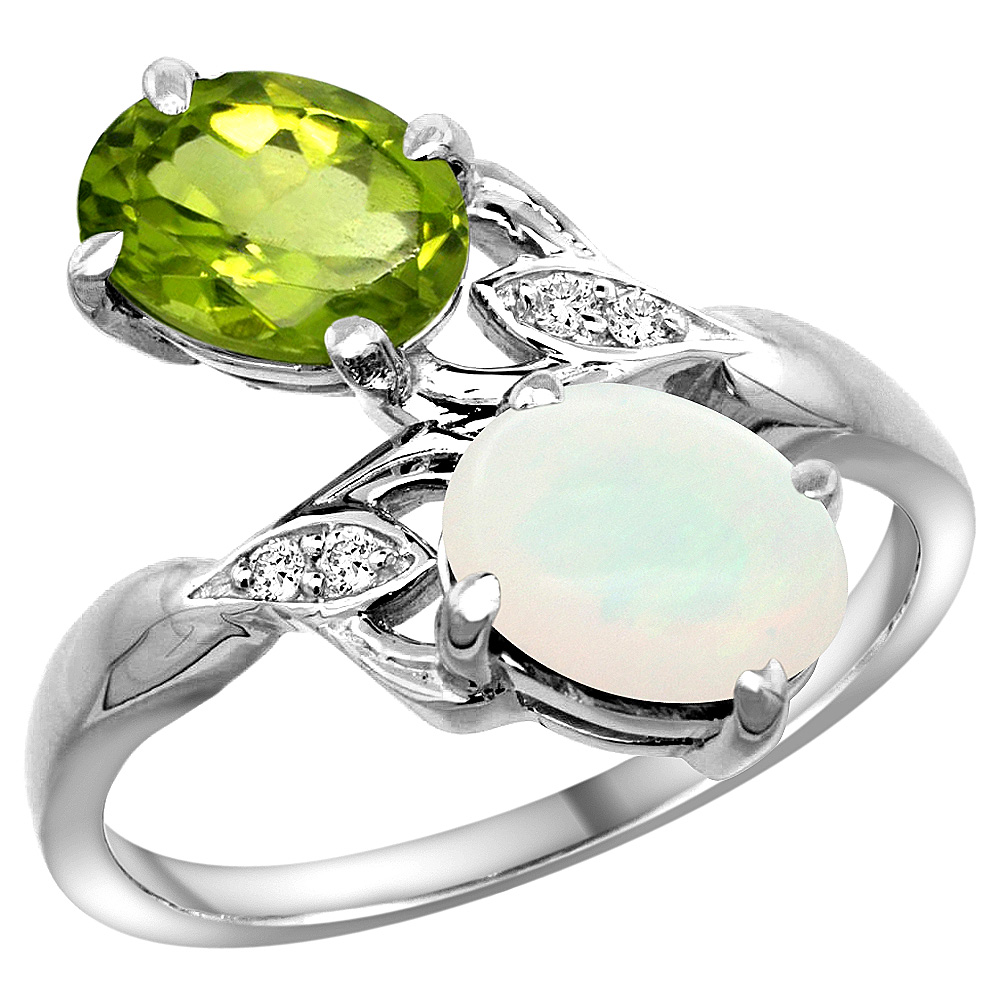 10K WHITE GOLD DIAMOND NATURAL PERIDOT & OPAL 2-STONE RING OVAL 8X6MM, SIZES 5 - 10