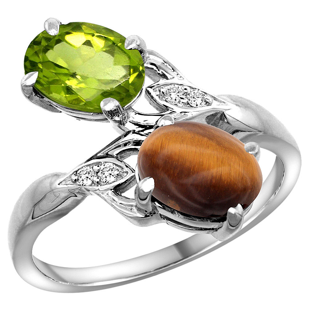 10K White Gold Diamond Natural Peridot &amp; Tiger Eye 2-stone Ring Oval 8x6mm, sizes 5 - 10