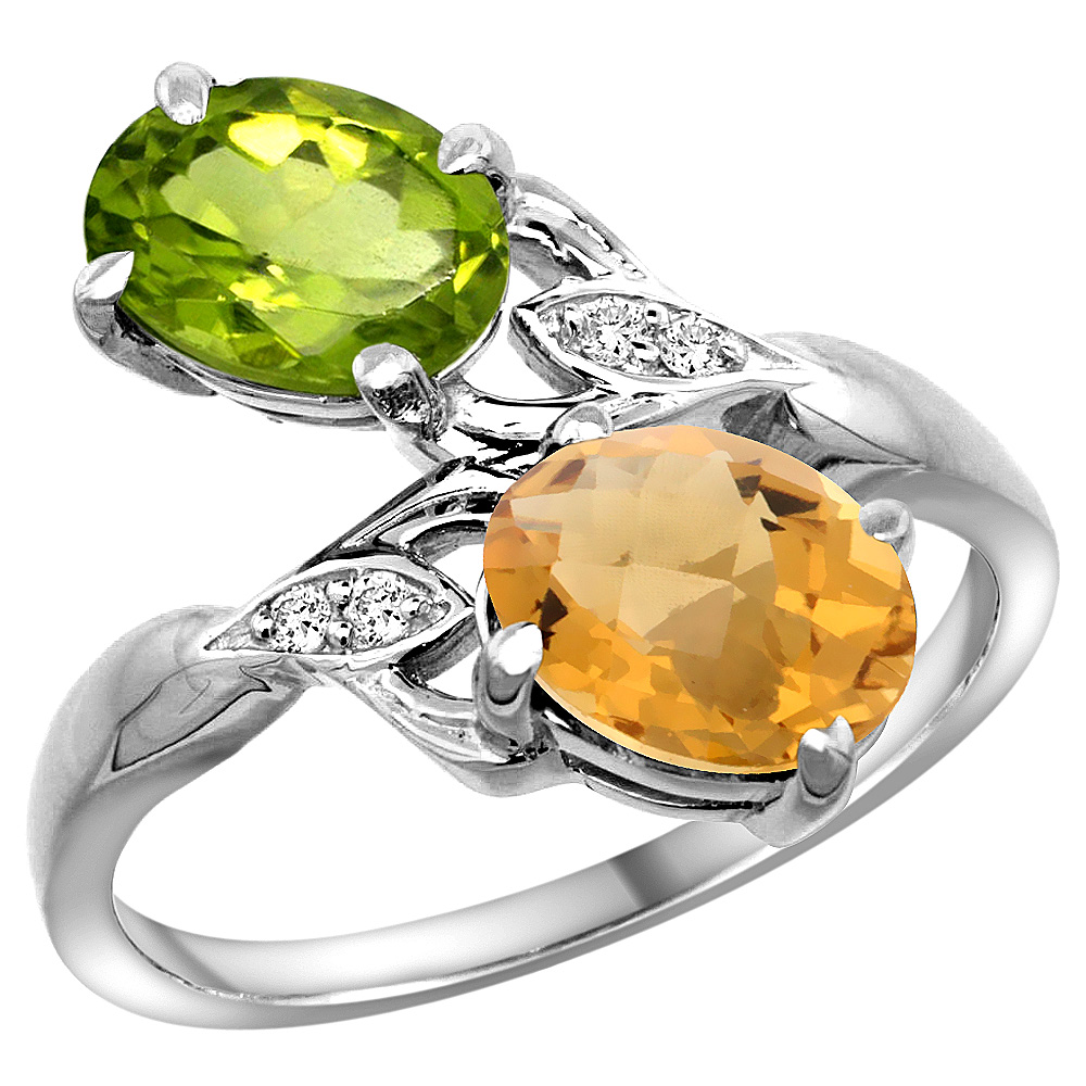 10K White Gold Diamond Natural Peridot &amp; Whisky Quartz 2-stone Ring Oval 8x6mm, sizes 5 - 10