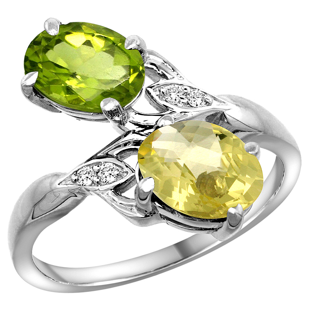 10K White Gold Diamond Natural Peridot &amp; Lemon Quartz 2-stone Ring Oval 8x6mm, sizes 5 - 10