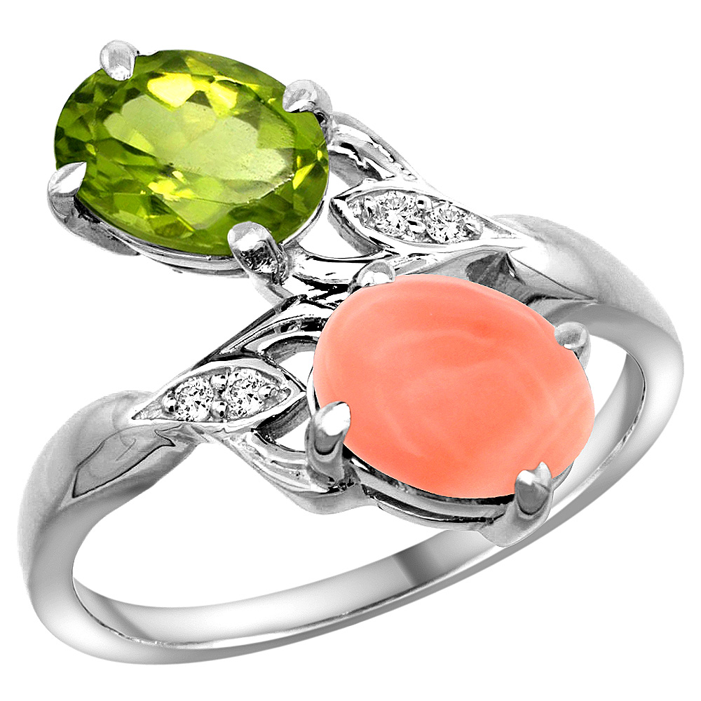 14k White Gold Diamond Natural Peridot &amp; Coral 2-stone Ring Oval 8x6mm, sizes 5 - 10