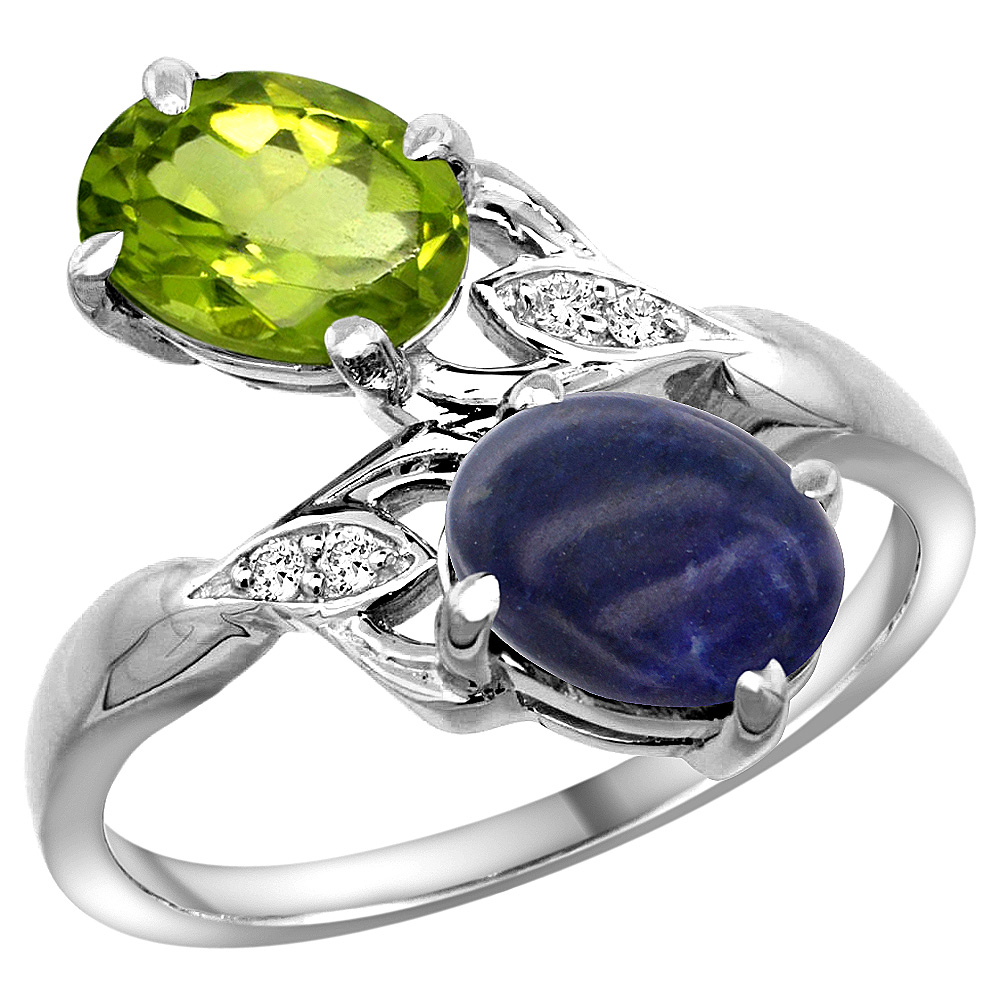 10K WHITE GOLD DIAMOND NATURAL PERIDOT & LAPIS 2-STONE RING OVAL 8X6MM, SIZES 5 - 10