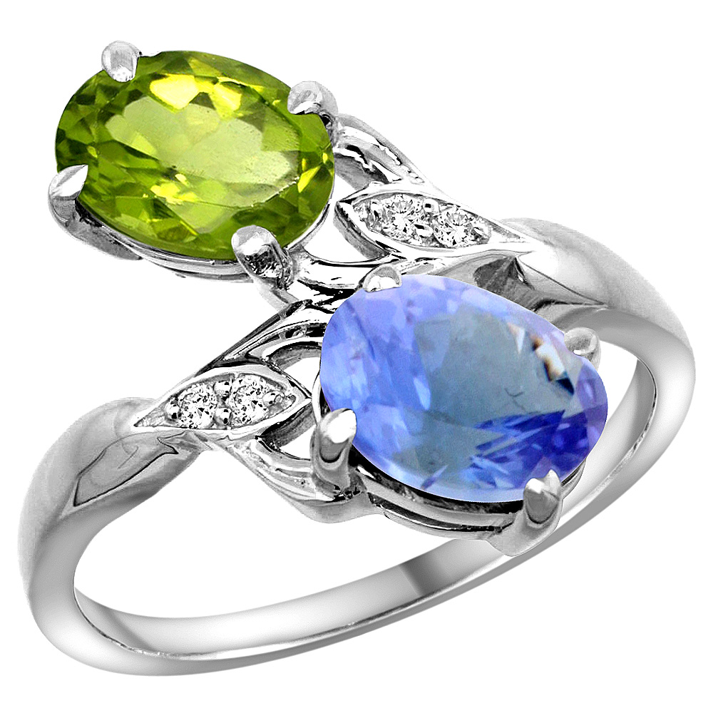 10K WHITE GOLD DIAMOND NATURAL PERIDOT & TANZANITE 2-STONE RING OVAL 8X6MM, SIZES 5 - 10