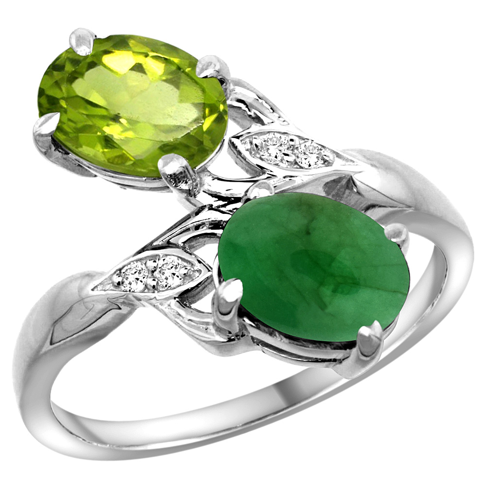 10K WHITE GOLD DIAMOND NATURAL PERIDOT & CABOCHON EMERALD 2-STONE RING OVAL 8X6MM, SIZES 5 - 10