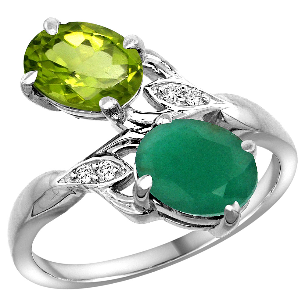10K WHITE GOLD DIAMOND NATURAL PERIDOT EMERALD 2-STONE MOTHERS RING OVAL 8X6MM SIZE 5 - 10