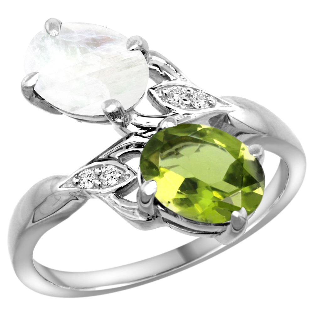 14k White Gold Diamond Natural Peridot &amp; Rainbow Moonstone 2-stone Ring Oval 8x6mm, sizes 5 - 10