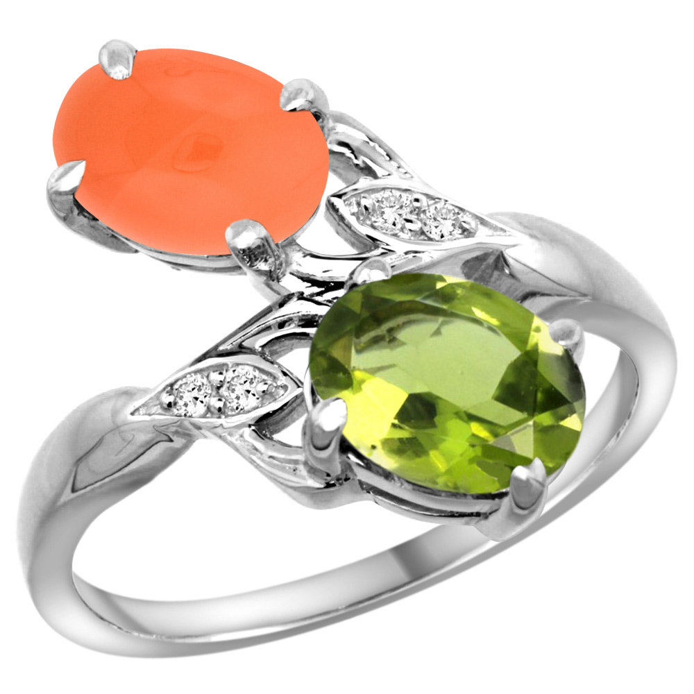10K WHITE GOLD DIAMOND NATURAL PERIDOT & ORANGE MOONSTONE 2-STONE RING OVAL 8X6MM, SIZES 5 - 10