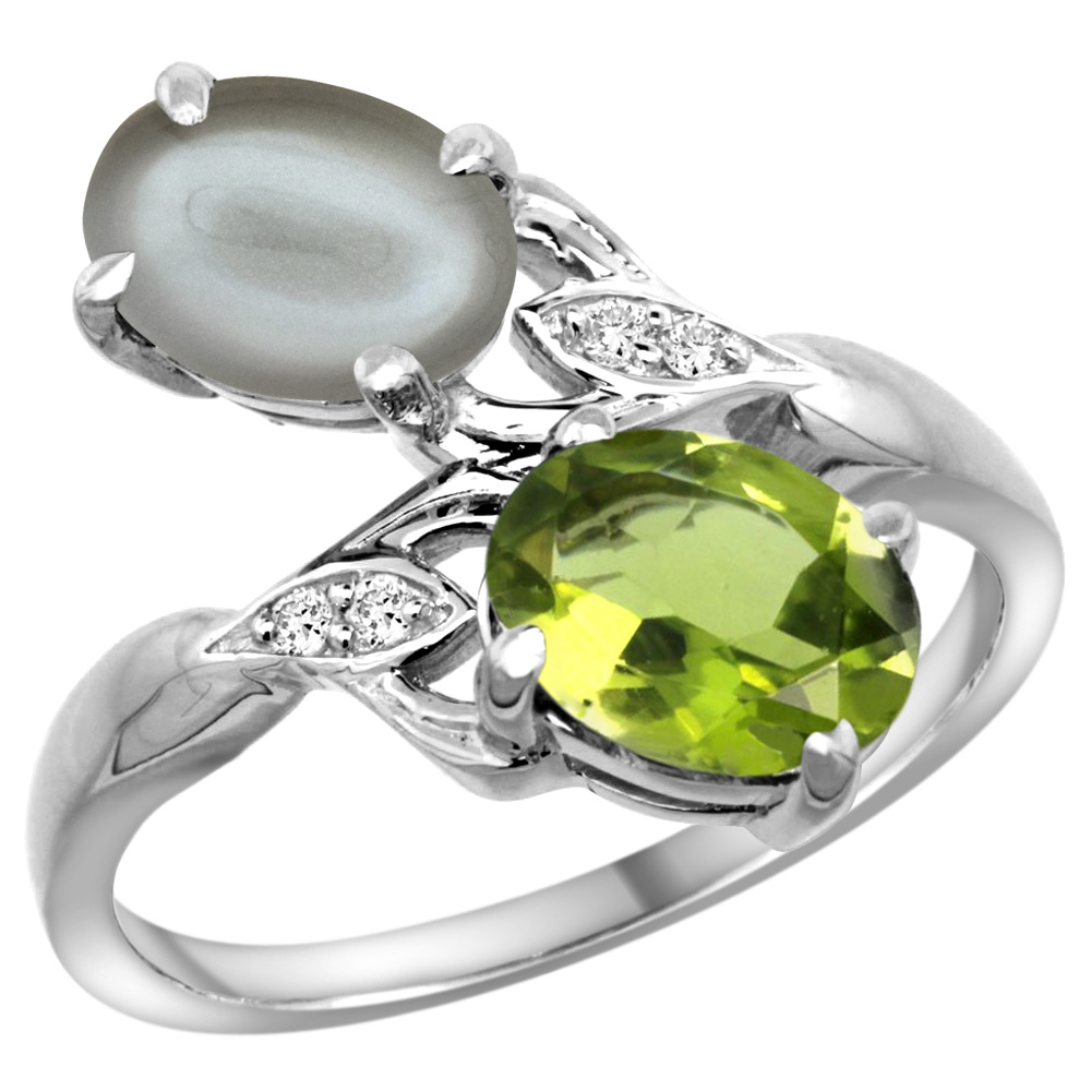 10K WHITE GOLD DIAMOND NATURAL PERIDOT & GRAY MOONSTONE 2-STONE RING OVAL 8X6MM, SIZES 5 - 10