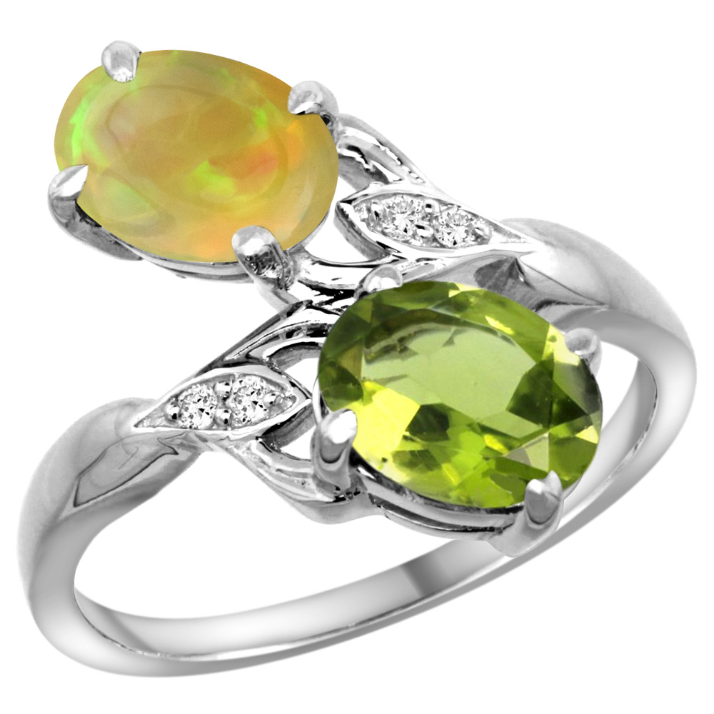 10K White Gold Diamond Natural Peridot & Ethiopian Opal 2-stone Mothers Ring Oval 8x6mm, size 5 - 10