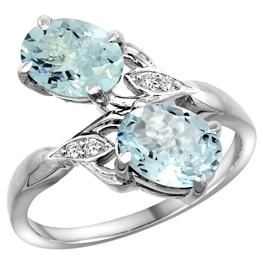 10K WHITE GOLD DIAMOND NATURAL AQUAMARINE 2-STONE RING OVAL 8X6MM, SIZES 5 - 10