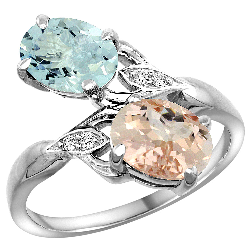 14k White Gold Diamond Natural Aquamarine &amp; Morganite 2-stone Ring Oval 8x6mm, sizes 5 - 10