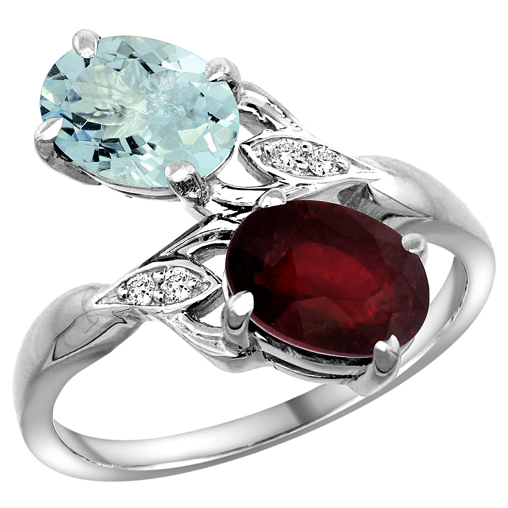 10K WHITE GOLD DIAMOND NATURAL AQUAMARINE & ENHANCED GENUINE RUBY 2-STONE RING OVAL 8X6MM, SIZES 5 - 10