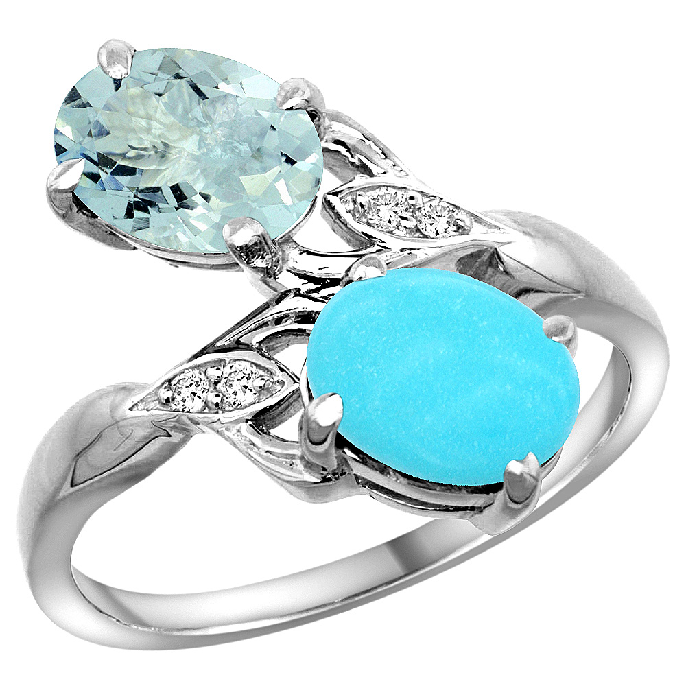 10K WHITE GOLD DIAMOND NATURAL AQUAMARINE & TURQUOISE 2-STONE RING OVAL 8X6MM, SIZES 5 - 10
