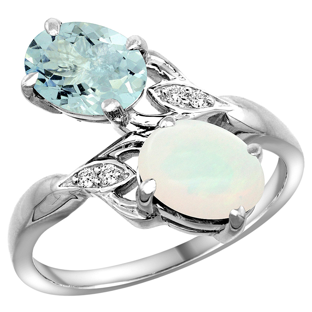 10K WHITE GOLD DIAMOND NATURAL AQUAMARINE & OPAL 2-STONE RING OVAL 8X6MM, SIZES 5 - 10