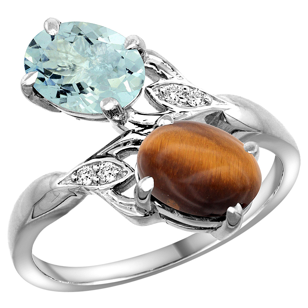 10K WHITE GOLD DIAMOND NATURAL AQUAMARINE & TIGER EYE 2-STONE RING OVAL 8X6MM, SIZES 5 - 10