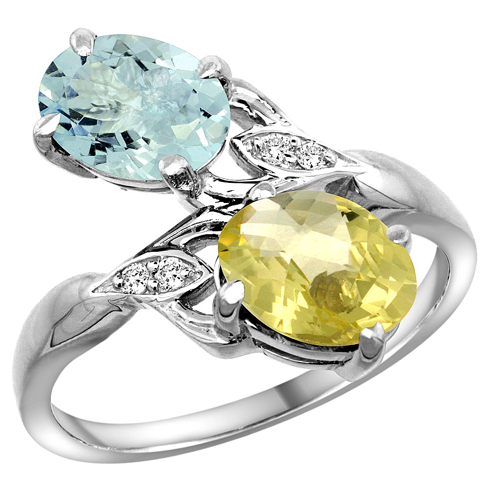 10K WHITE GOLD DIAMOND NATURAL AQUAMARINE & LEMON QUARTZ 2-STONE RING OVAL 8X6MM, SIZES 5 - 10