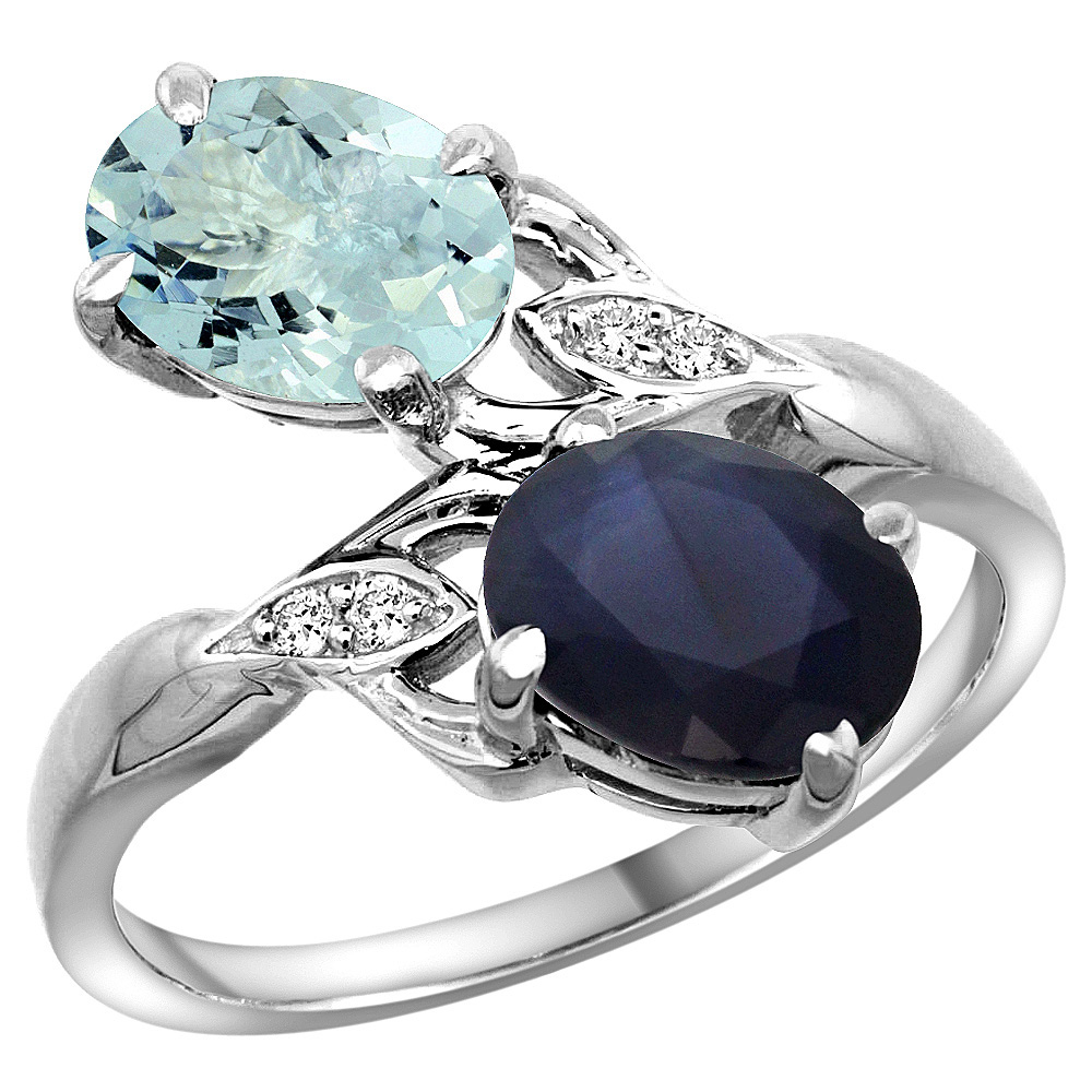 10K White Gold Diamond Natural Aquamarine & Australian Sapphire 2-stone Ring Oval 8x6mm, sizes 5 - 10