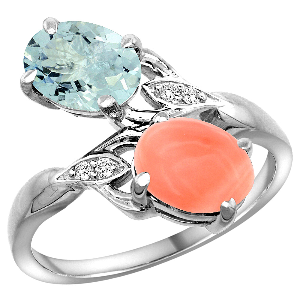 10K WHITE GOLD DIAMOND NATURAL AQUAMARINE & CORAL 2-STONE RING OVAL 8X6MM, SIZES 5 - 10