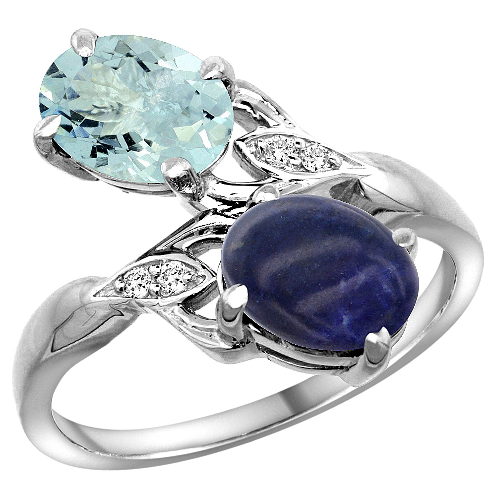 10K White Gold Diamond Natural Aquamarine & Lapis 2-stone Ring Oval 8x6mm, sizes 5 - 10