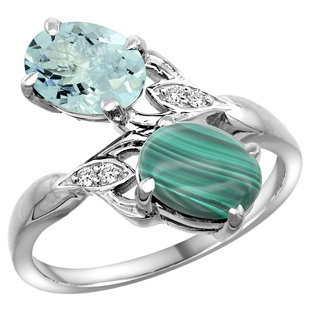 10K WHITE GOLD DIAMOND NATURAL AQUAMARINE & MALACHITE 2-STONE RING OVAL 8X6MM, SIZES 5 - 10