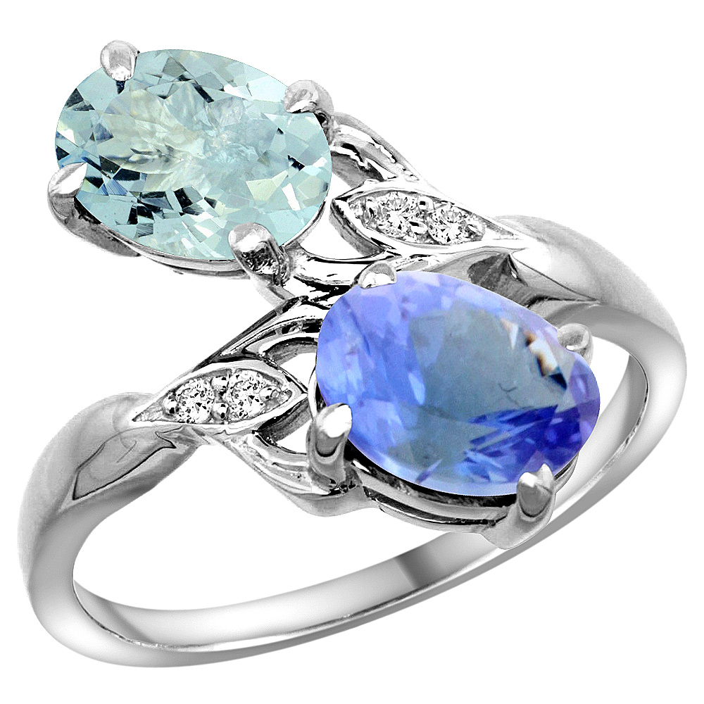 10K WHITE GOLD DIAMOND NATURAL AQUAMARINE & TANZANITE 2-STONE RING OVAL 8X6MM, SIZES 5 - 10