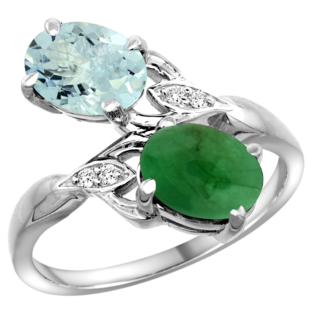 10K WHITE GOLD DIAMOND NATURAL AQUAMARINE & CABOCHON EMERALD 2-STONE RING OVAL 8X6MM, SIZES 5 - 10