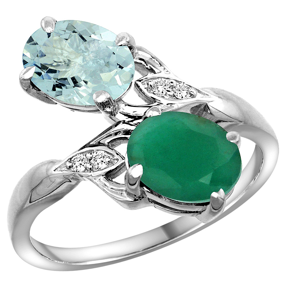 10K White Gold Diamond Natural Aquamarine & Quality Emerald 2-stone Mothers Ring Oval 8x6mm, size 5 - 10