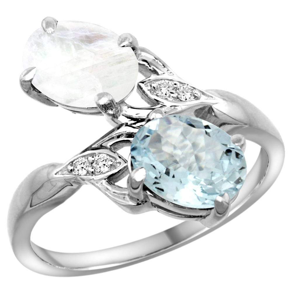 10K WHITE GOLD DIAMOND NATURAL AQUAMARINE & RAINBOW MOONSTONE 2-STONE RING OVAL 8X6MM, SIZES 5 - 10
