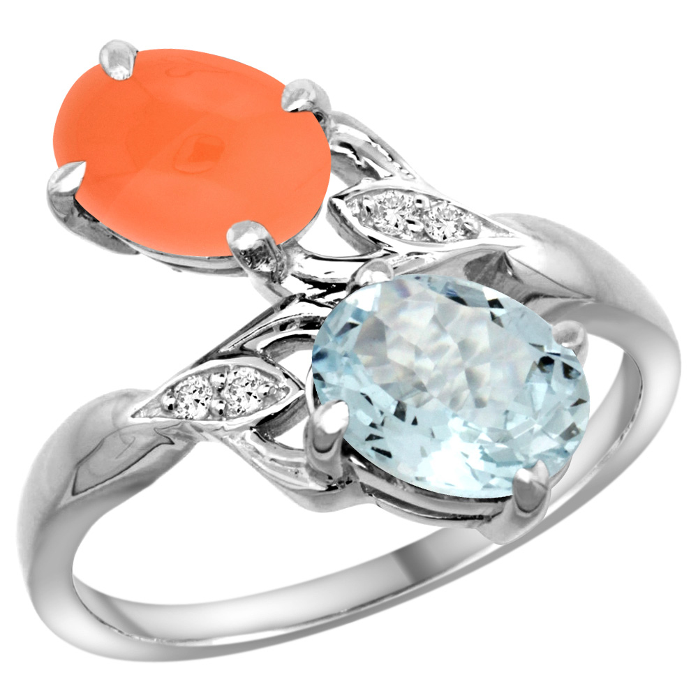 10K WHITE GOLD DIAMOND NATURAL AQUAMARINE & ORANGE MOONSTONE 2-STONE RING OVAL 8X6MM, SIZES 5 - 10