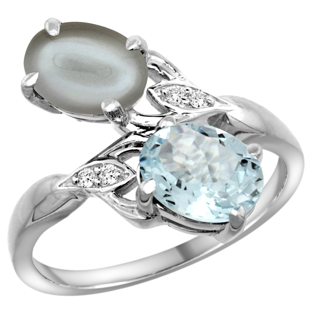 10K WHITE GOLD DIAMOND NATURAL AQUAMARINE & GRAY MOONSTONE 2-STONE RING OVAL 8X6MM, SIZES 5 - 10
