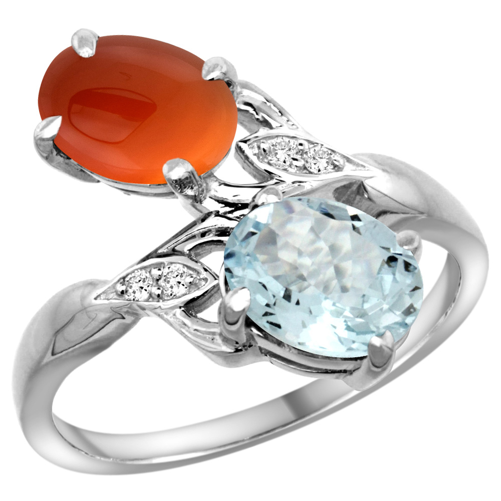 10K WHITE GOLD DIAMOND NATURAL AQUAMARINE & BROWN AGATE 2-STONE RING OVAL 8X6MM, SIZES 5 - 10
