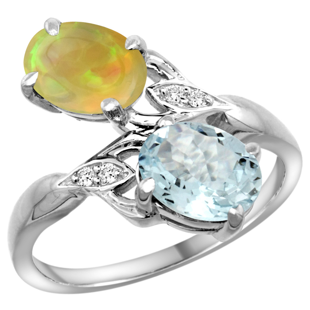 10K WHITE GOLD DIAMOND NATURAL AQUAMARINE & ETHIOPIAN OPAL 2-STONE MOTHERS RING OVAL 8X6MM, SIZE 5 - 10
