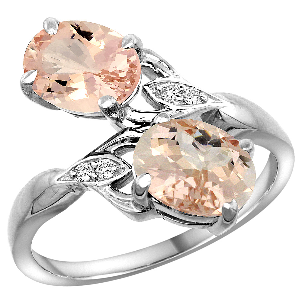 10K White Gold Diamond Natural Morganite 2-stone Ring Oval 8x6mm, sizes 5 - 10