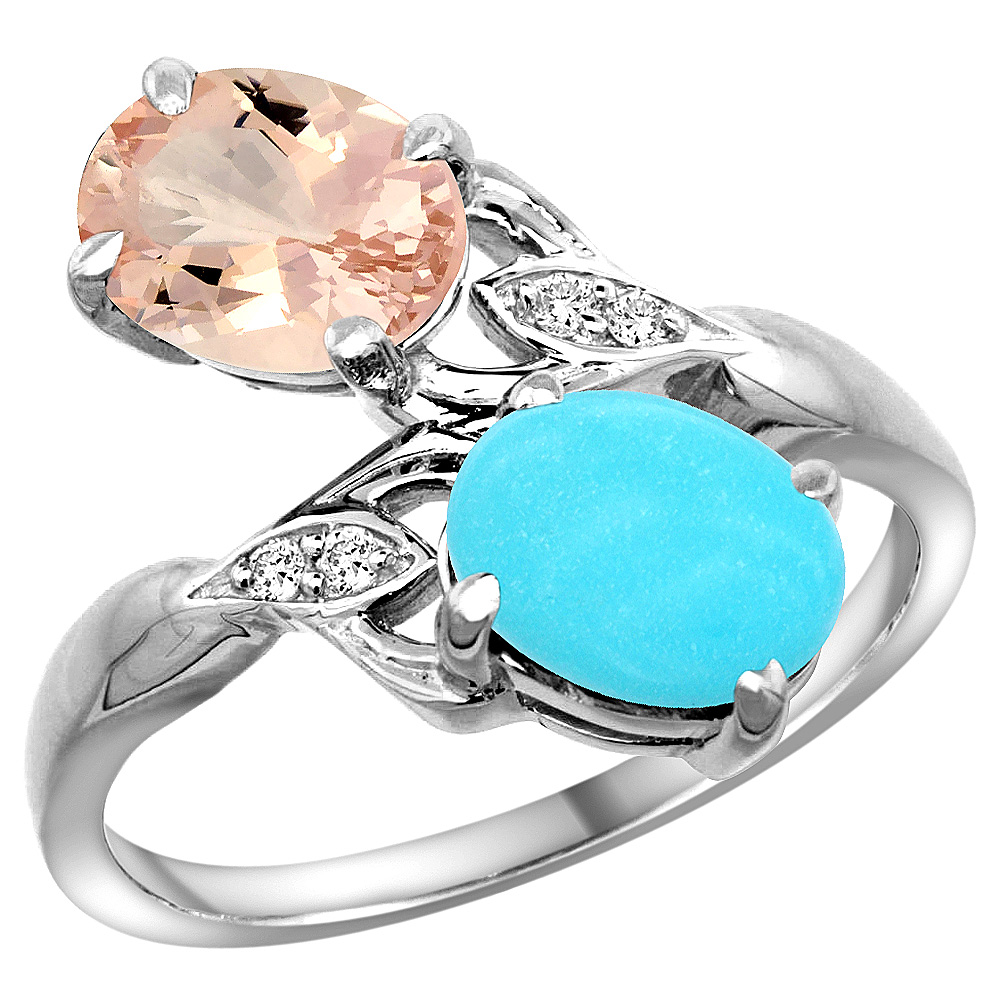 10K White Gold Diamond Natural Morganite & Turquoise 2-stone Ring Oval 8x6mm, sizes 5 - 10