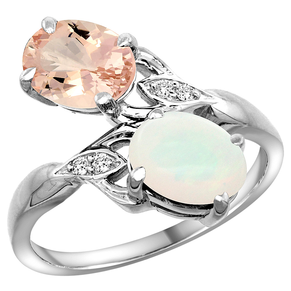 10K White Gold Diamond Natural Morganite &amp; Opal 2-stone Ring Oval 8x6mm, sizes 5 - 10