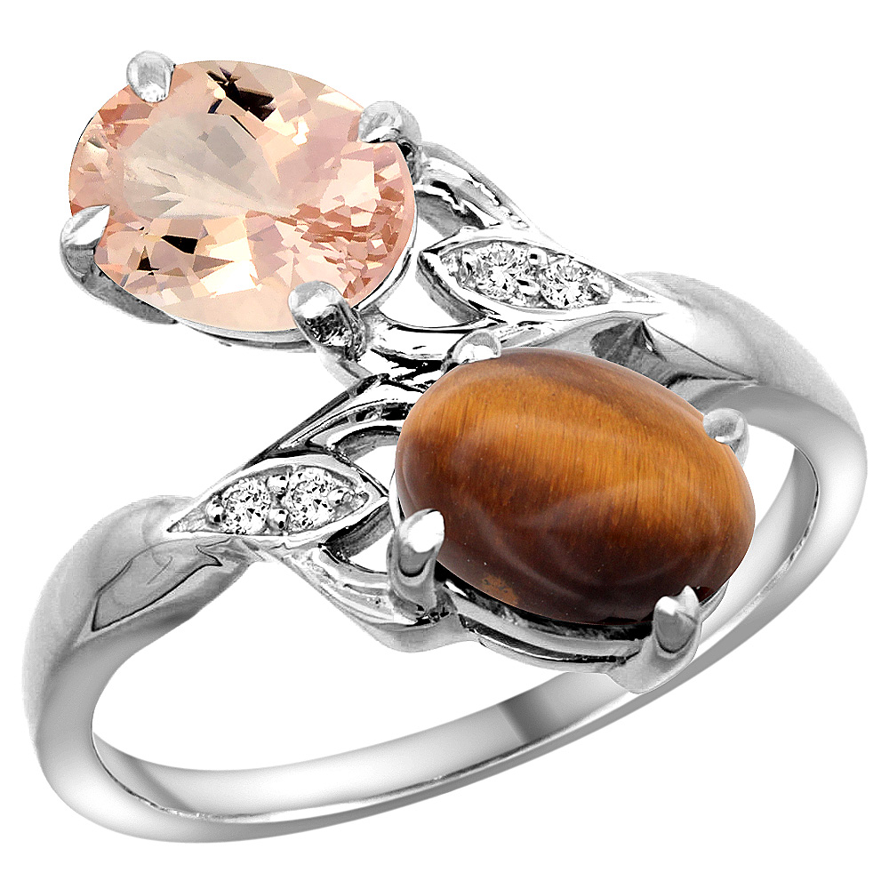 10K WHITE GOLD DIAMOND NATURAL MORGANITE & TIGER EYE 2-STONE RING OVAL 8X6MM, SIZES 5 - 10