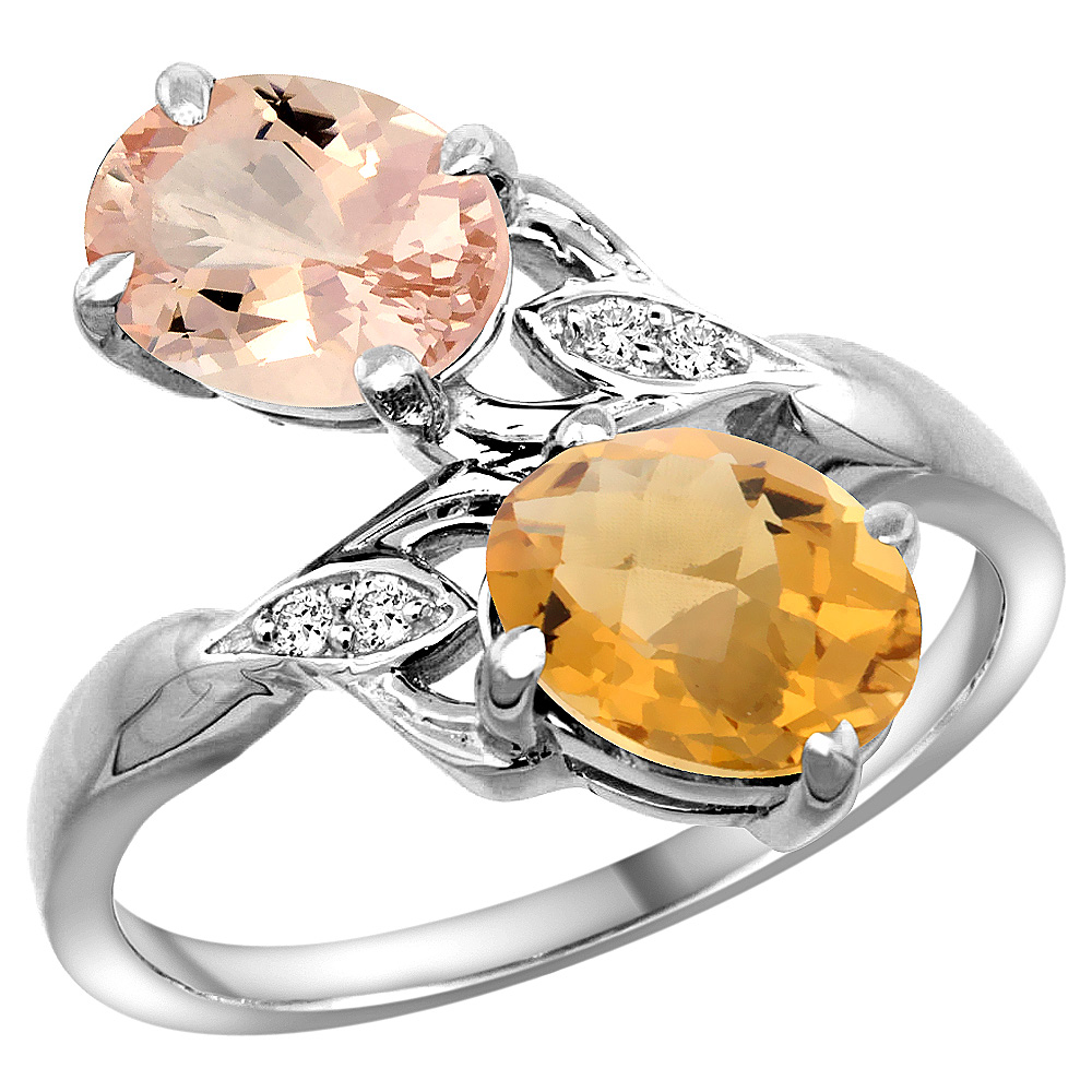 10K White Gold Diamond Natural Morganite &amp; Whisky Quartz 2-stone Ring Oval 8x6mm, sizes 5 - 10