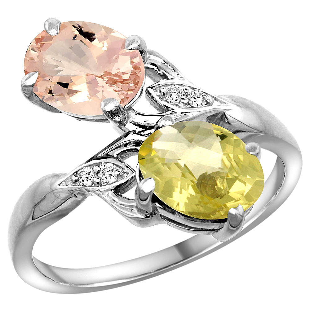 10K White Gold Diamond Natural Morganite & Lemon Quartz 2-stone Ring Oval 8x6mm, sizes 5 - 10