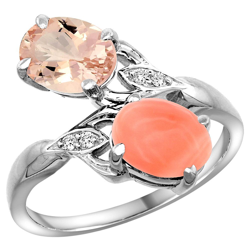 10K WHITE GOLD DIAMOND NATURAL MORGANITE & CORAL 2-STONE RING OVAL 8X6MM, SIZES 5 - 10