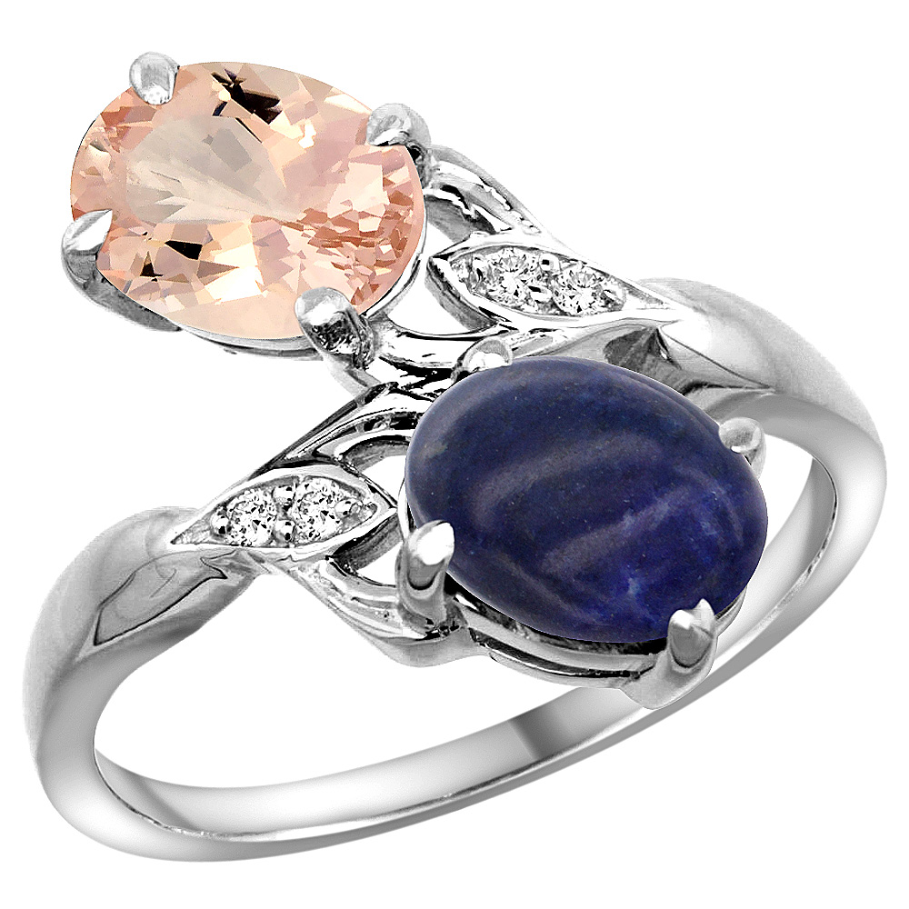 10K White Gold Diamond Natural Morganite & Lapis 2-stone Ring Oval 8x6mm, sizes 5 - 10